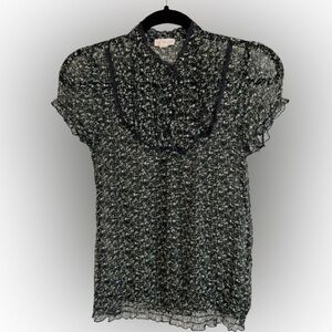Sugar Tart Black Sheer Short Sleeve Ruffle Bib Blouse Size S